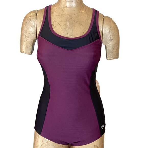Speedo 1-Piece Swimsuit Keyhole Racerback Moderate Cut S/M Black & Purple 276F - Picture 4 of 13